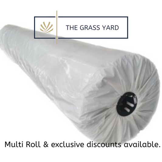 Pictured is a full roll of Shetland 47mm pile height, 4m wide artificial grass roll in original white packaging and The Grass Yard logo.