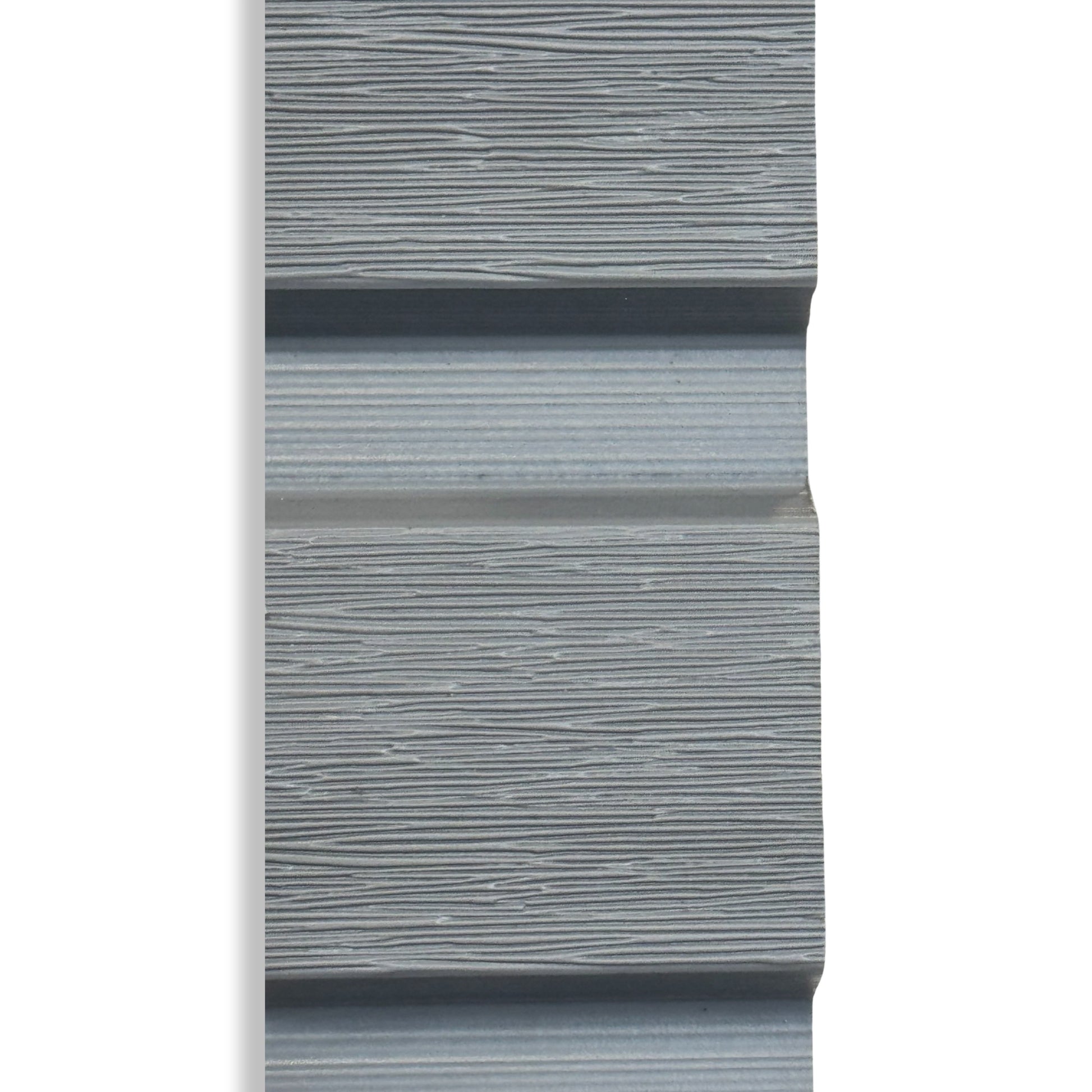 A close up picture of steel grey composite slat or Venetian fencing board showing the grain in detail.