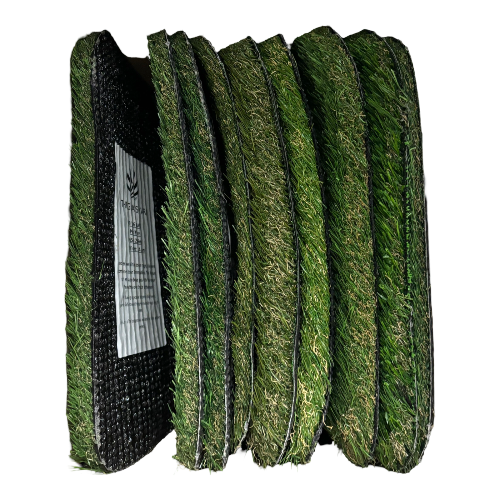 A side profile picture of a selection of artificial grass samples.