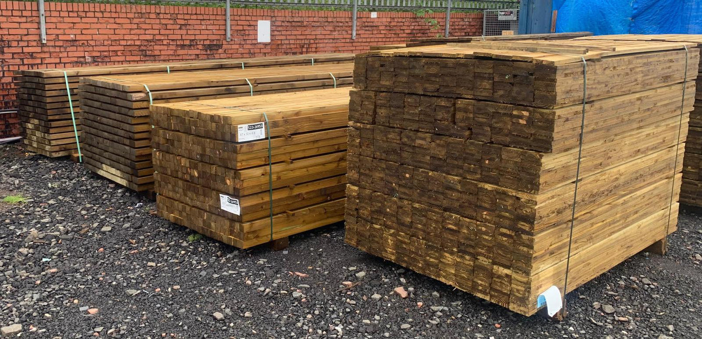 Various packs of treated wooden fencing material.