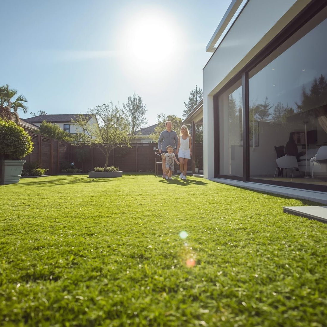 Artificial Grass on a sunny day in the garden of a modern home