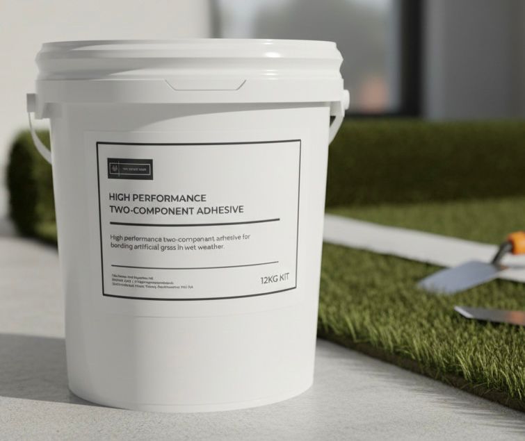 White tub of high performance two-component artificial grass adhesive on a surface with grass in the background