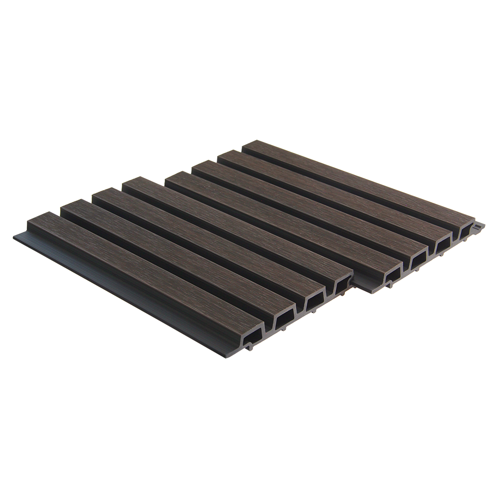 Dark oak composite shadow slat cladding.