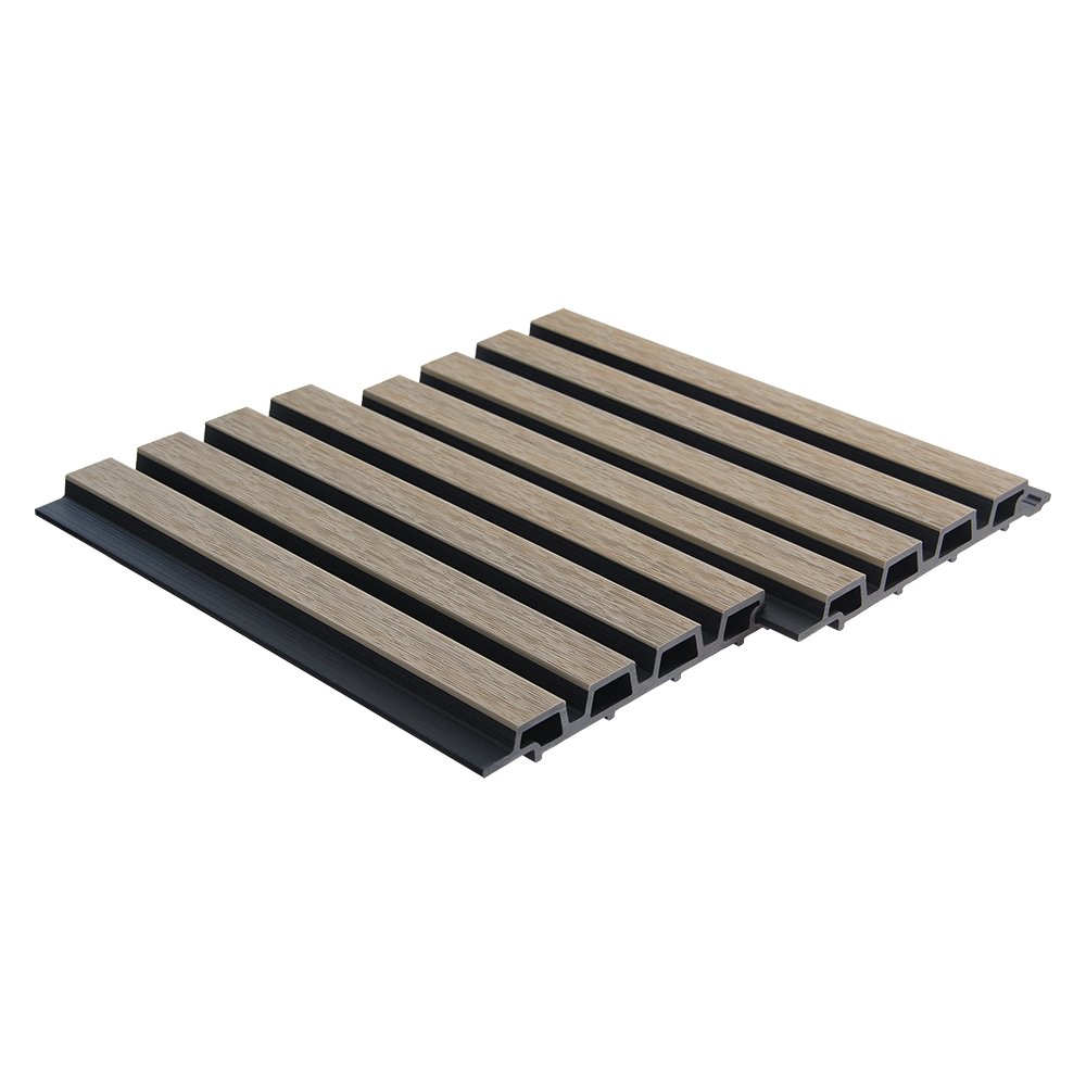 An Oak and black coloured composite slat board on a white back ground.