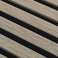 An Oak and black coloured composite slat board on a white back ground.