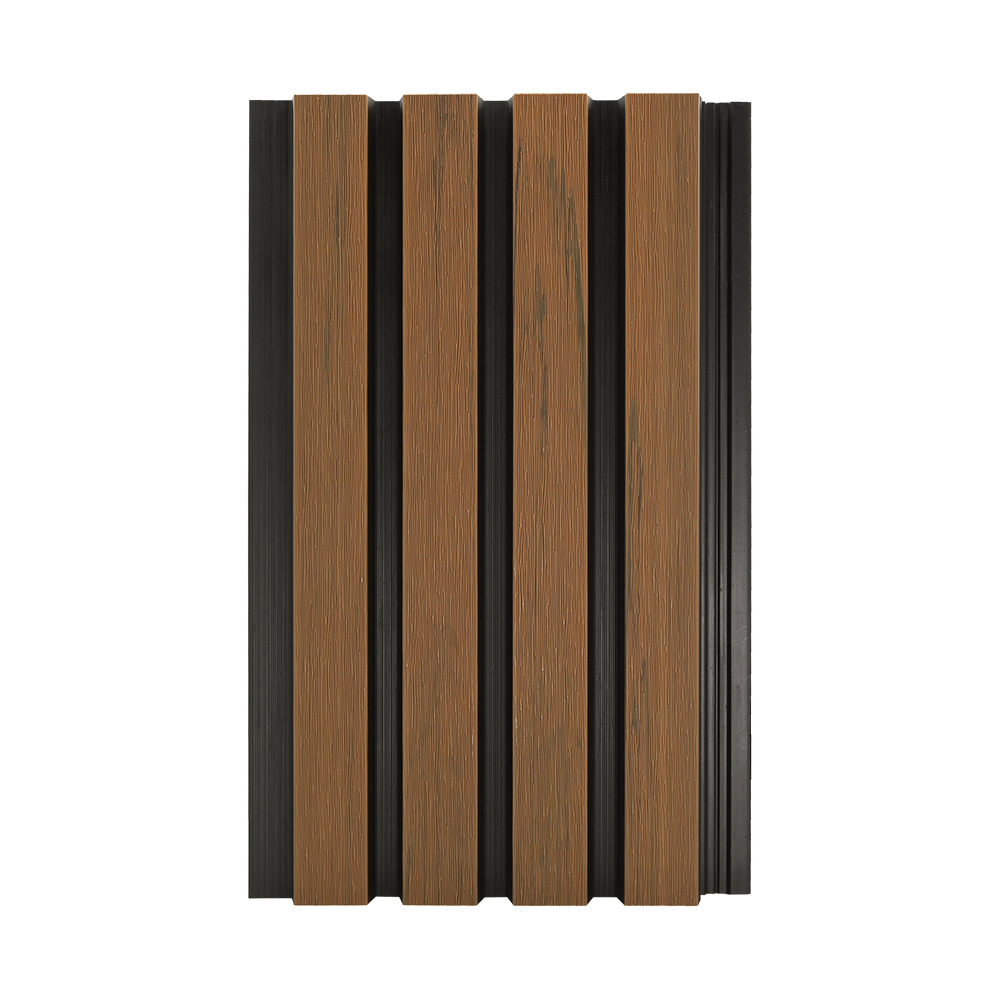 Tea slatted cladding on a white bacj ground.