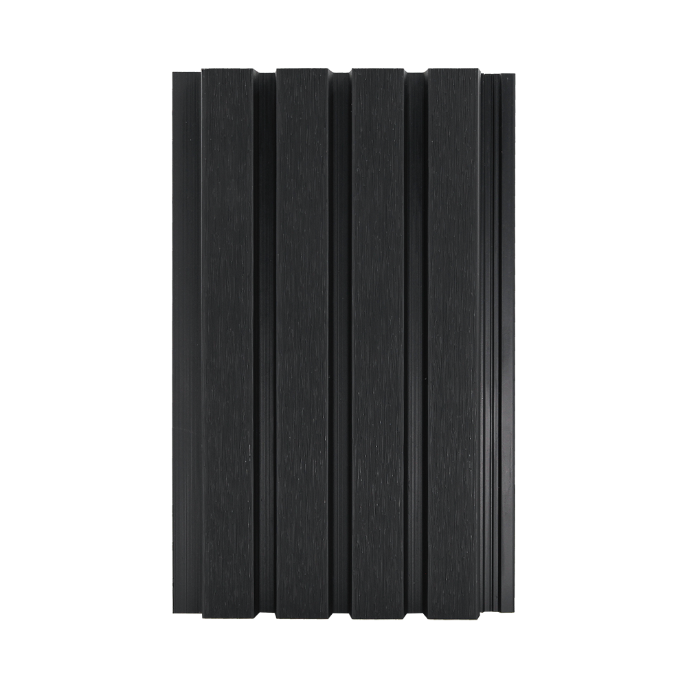 A black composite slatted cladding board on a white back ground.