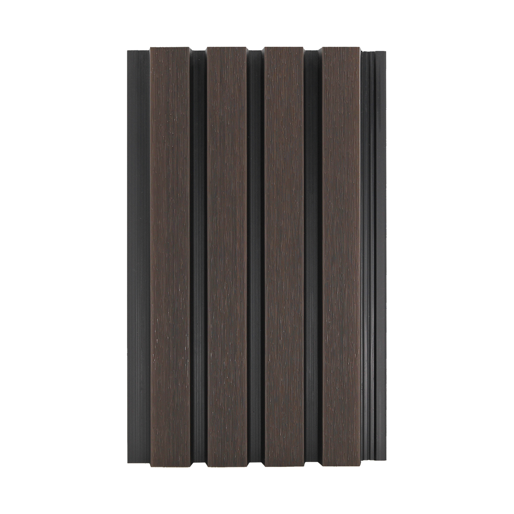 Dark oak and black composite slatted cladding on a white back ground.
