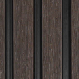 Dark oak and black composite slatted cladding on a white back ground.