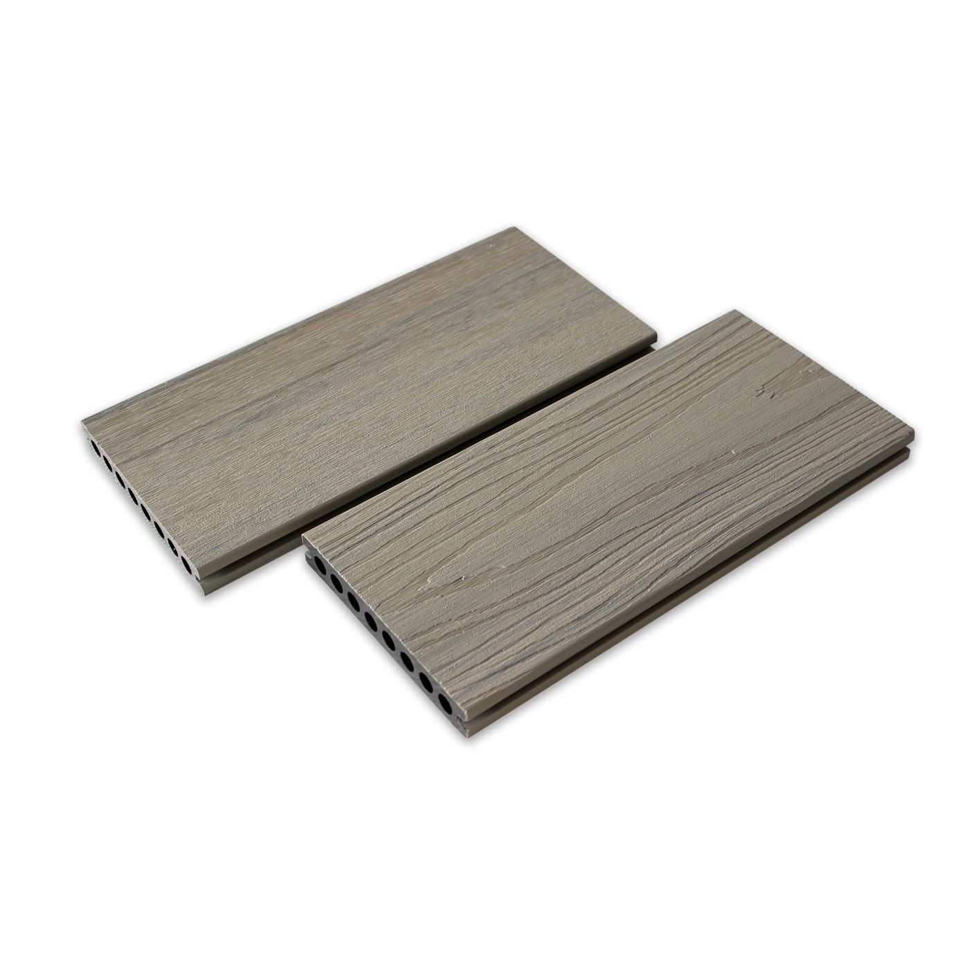 Two samples of composite decking in antique color with a wood grain pattern.