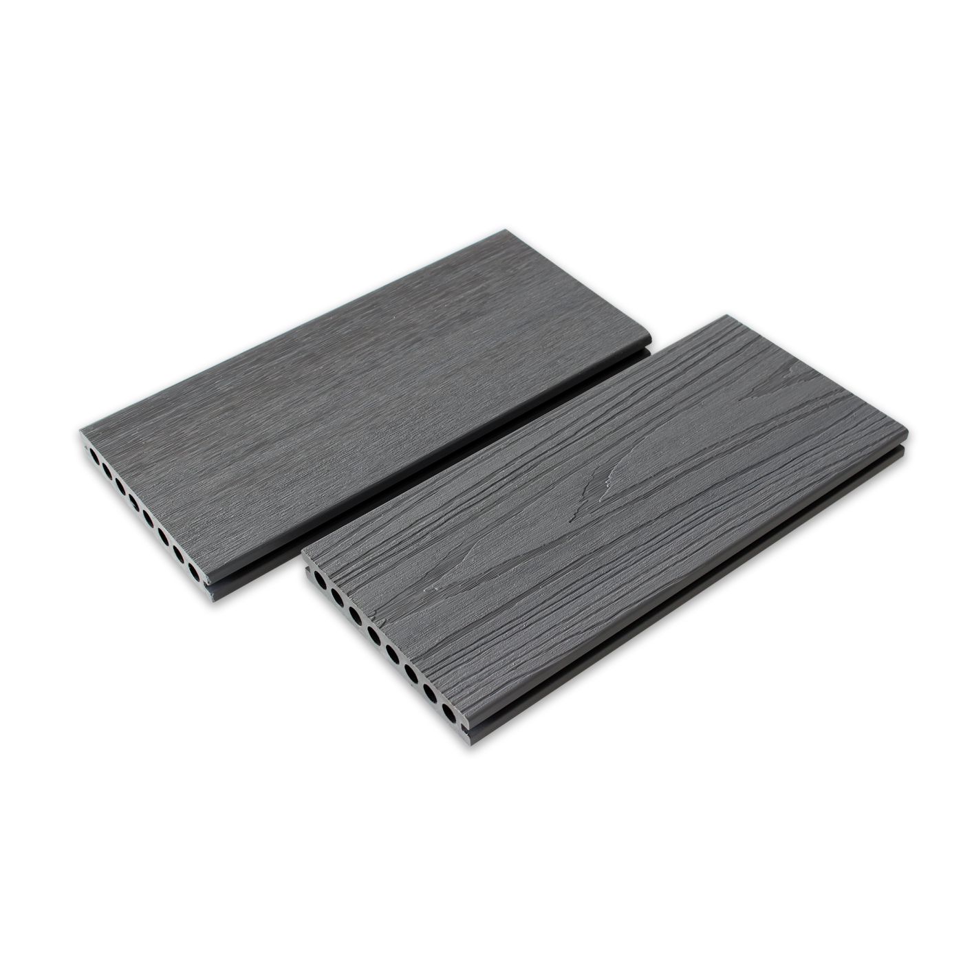 Two samples of composite decking in gray color with a wood grain pattern.