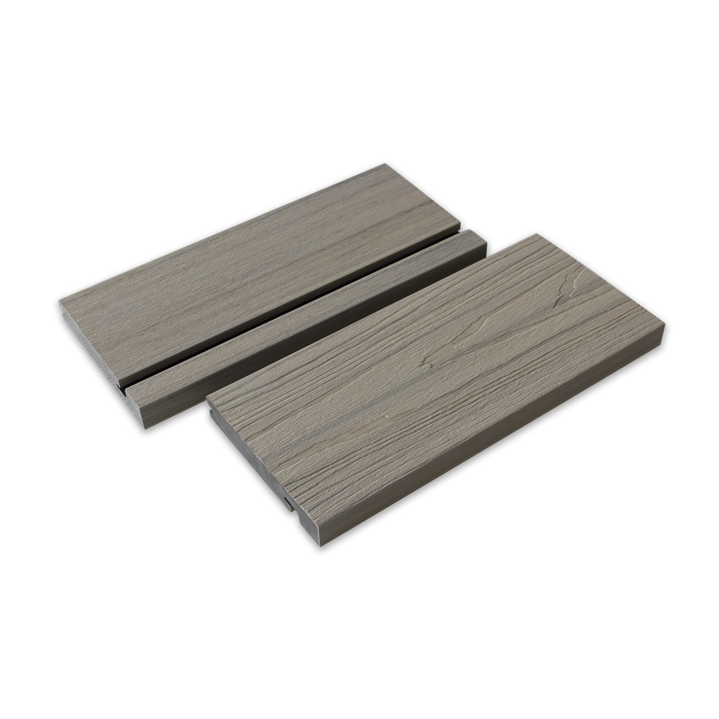 Two samples of composite decking bullnose in antique color with a wood grain pattern.