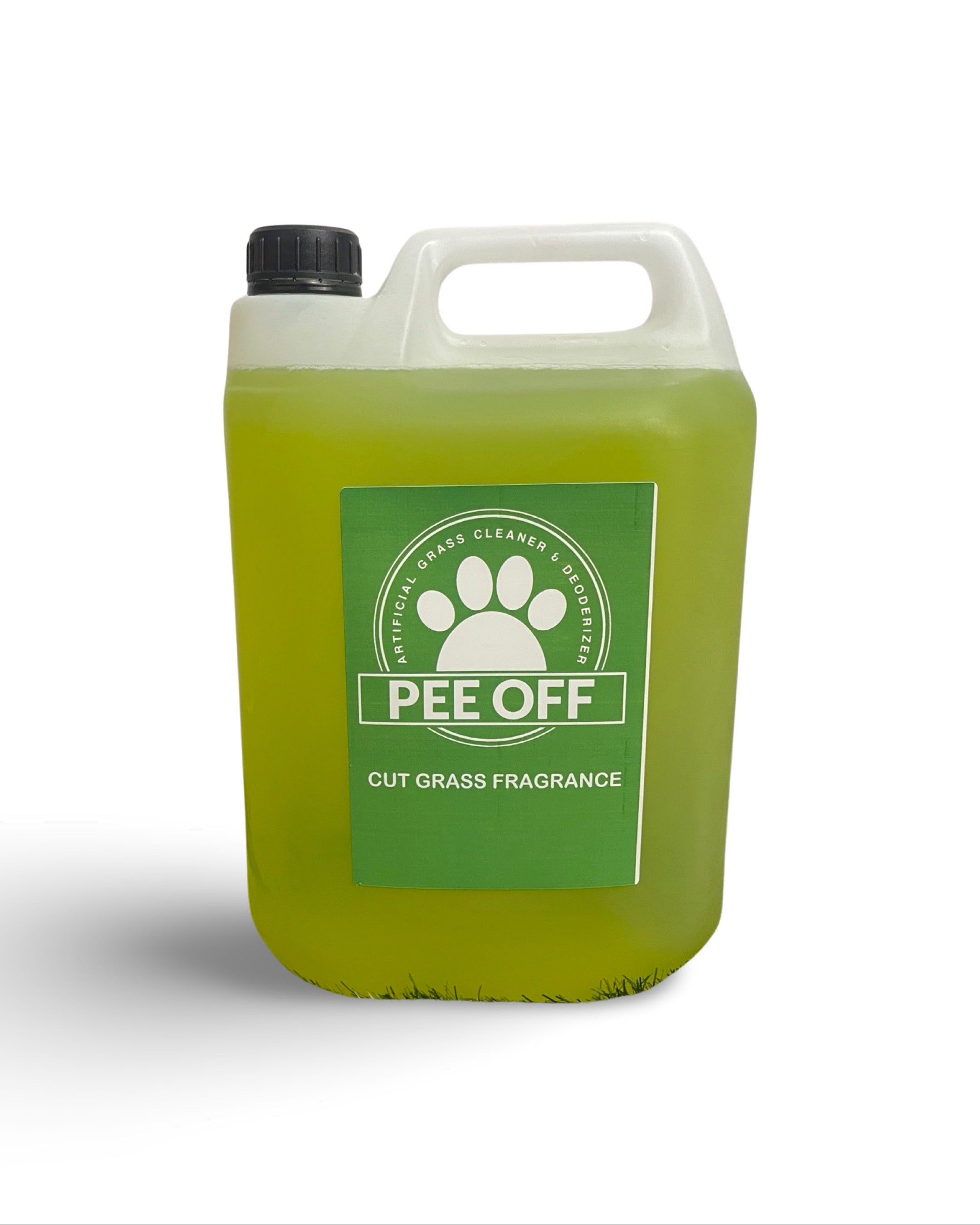 A 5 litre tub of artificial of PEE OFF artificial grass cleaner and deodorizer used to remove pet smells from fake grass, with a cut grass fragrance.  