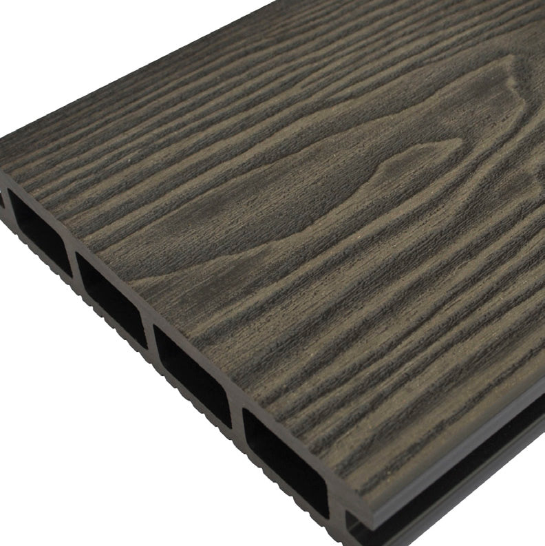 An ash grey composite decking board on a white back ground.