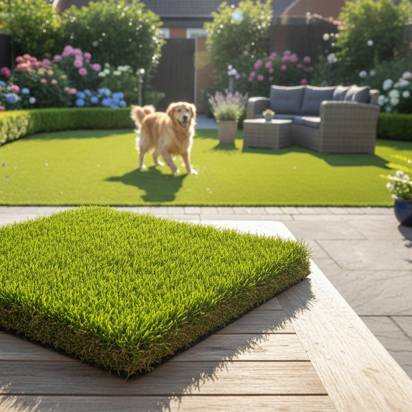 Square artificial grass sample on a white background