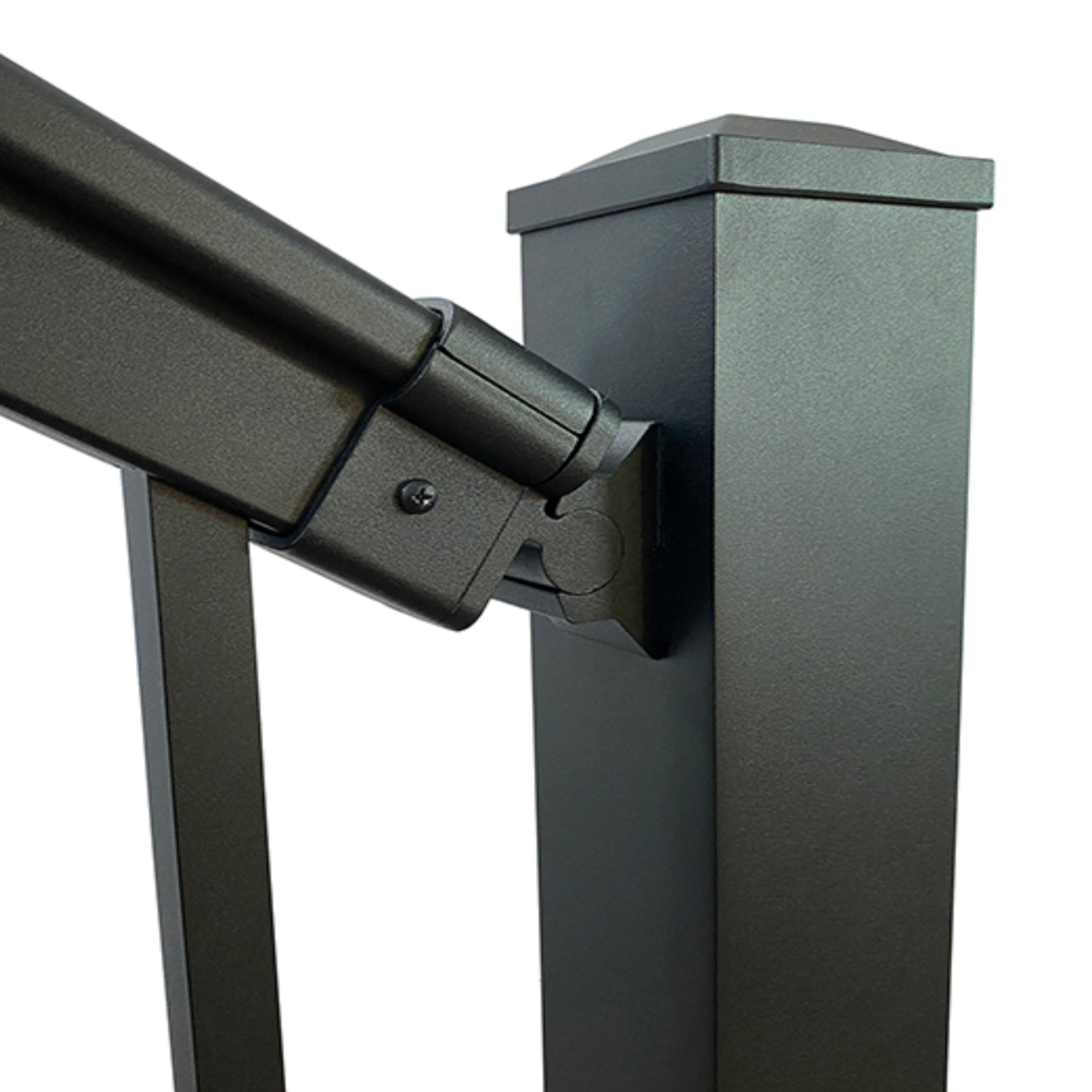 Aluminium black balustade handrail bracket or hinge on a white background.
