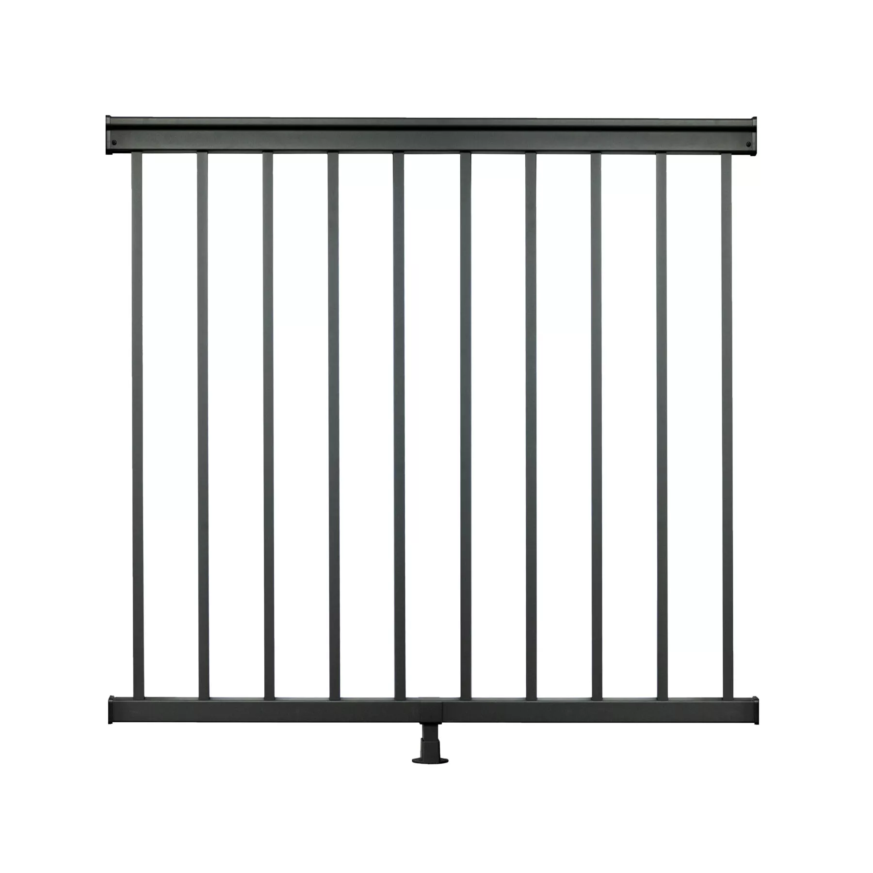 A black aluminum balustrade section with vertical bars and a horizontal top rail.