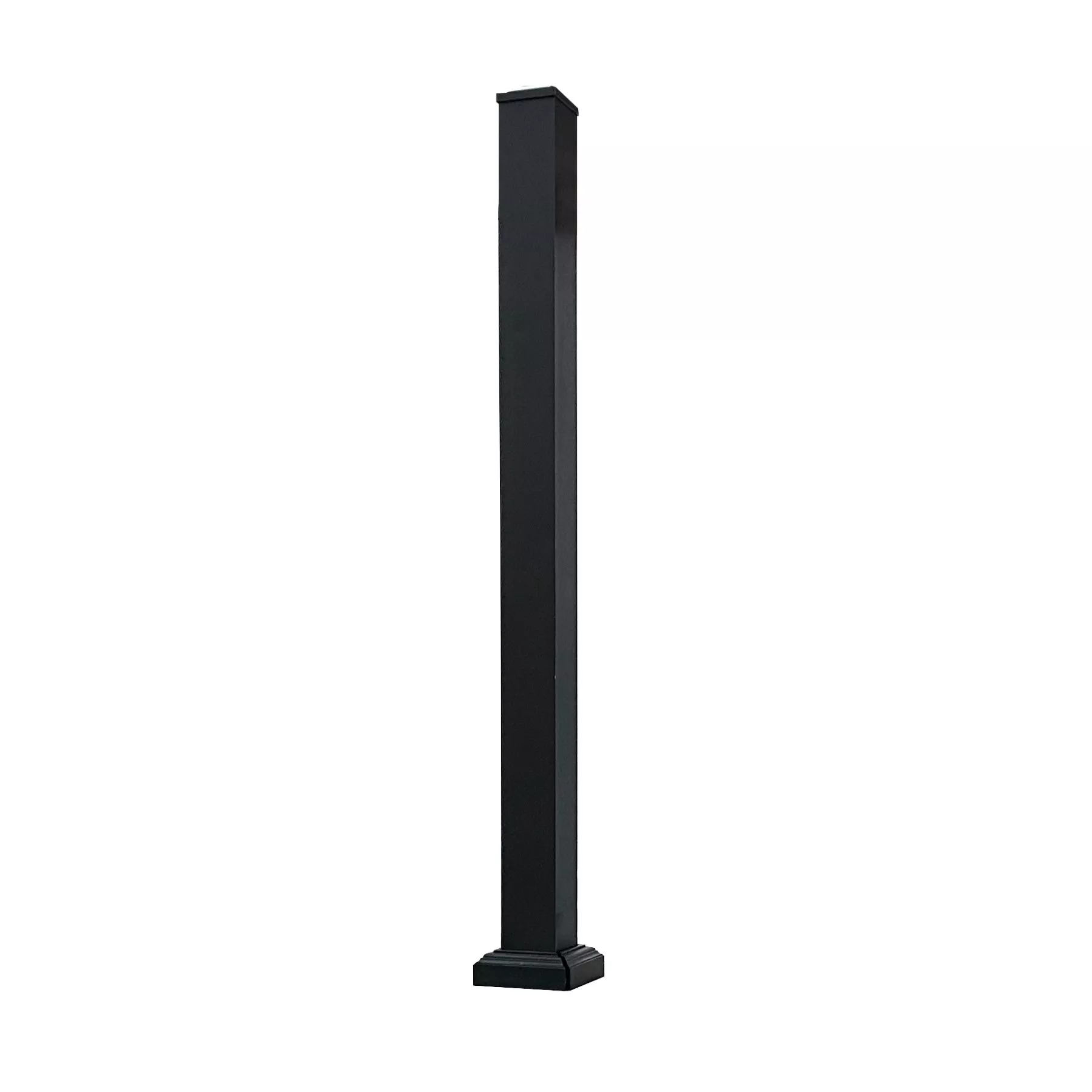 Ablack aluminium balustrade post on a white background.