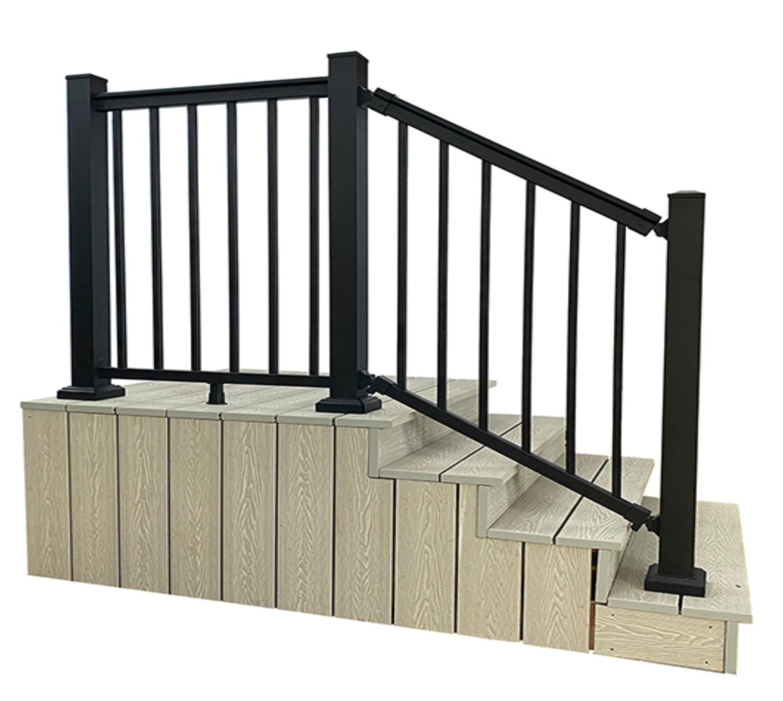Aluminium black balustrade staircase on oak composite decking.