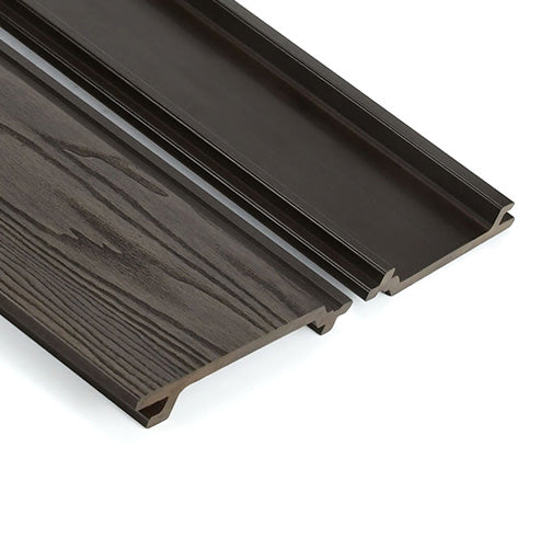 A Dark brown composite shiplap cladding board showing the woodgrain texture on a white background.