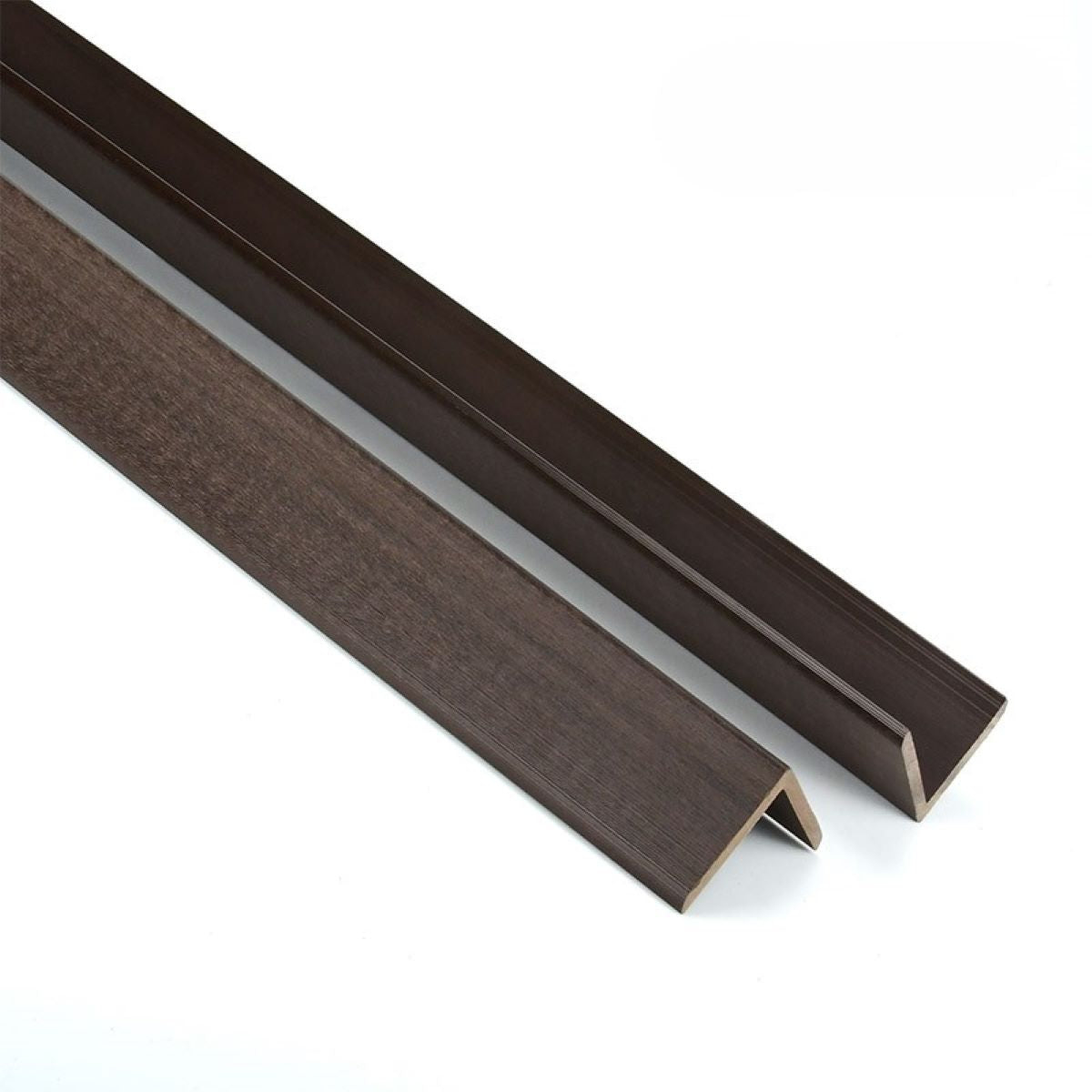 Two dark brown L-shaped composite edge profiles on a white background