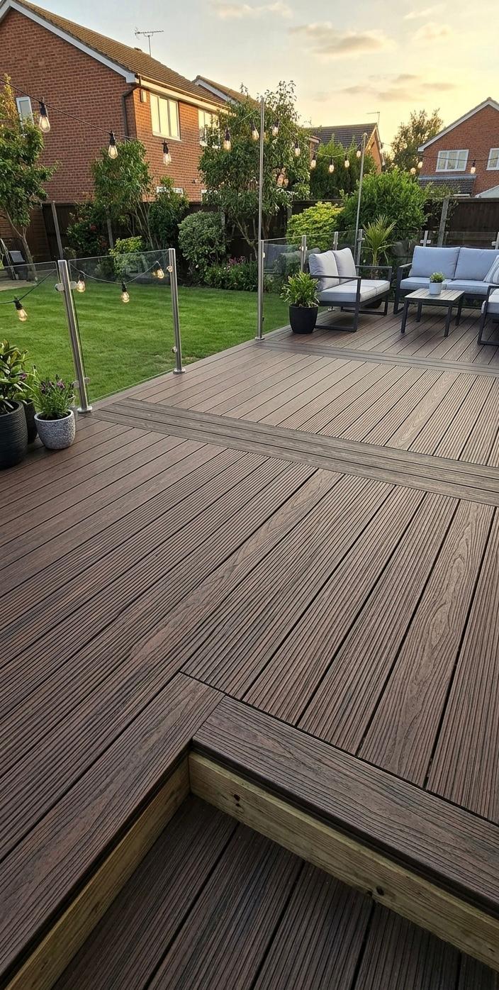 Dark brown composite deck with outdoor furniture and garden lights in a residential setting.