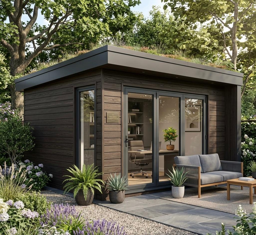 Modern garden office with wooden exterior, glass doors, and outdoor furniture in a garden setting.