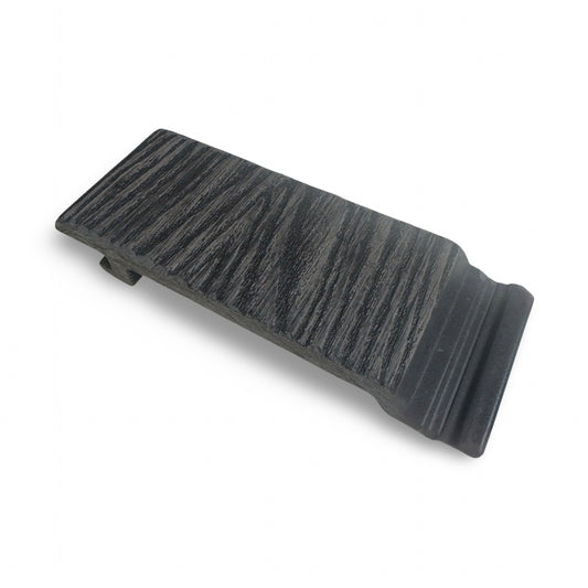 An Anthracite composite cladding sample piece with woodgrain finish. 