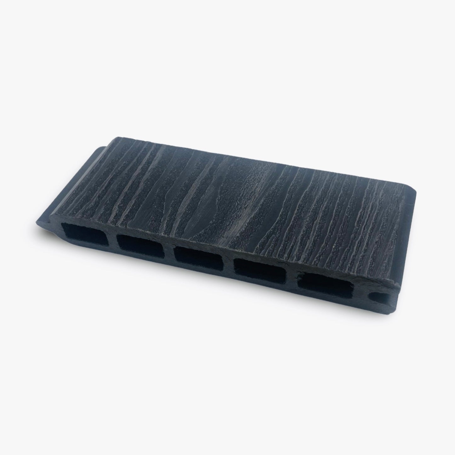 A sample size of a wood grain composite fencing board in anthracite showing the tongue and groove.