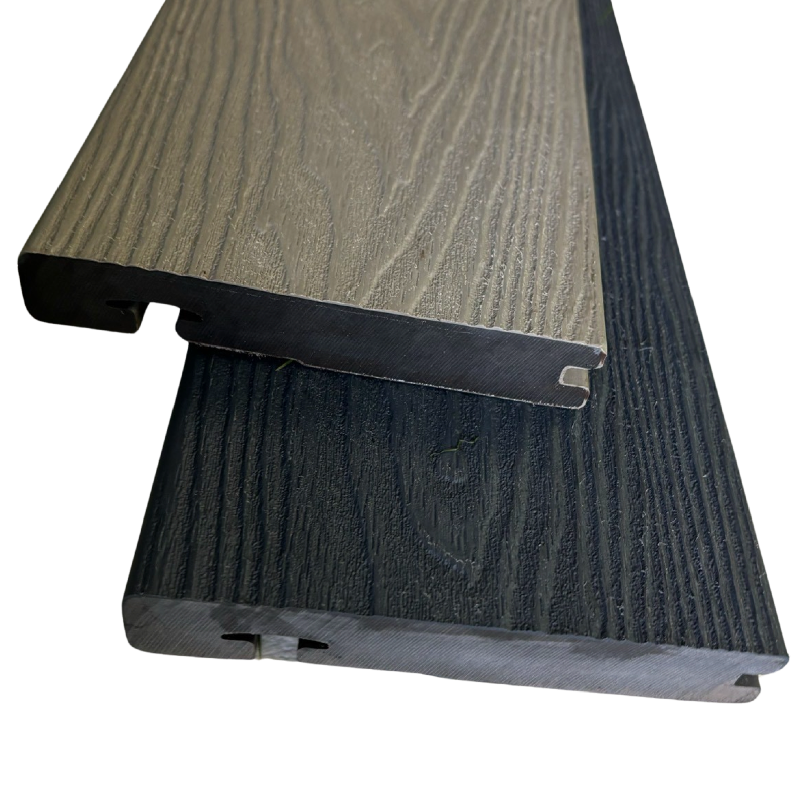 Antique and anthracite colored composite decking bullnose boards.