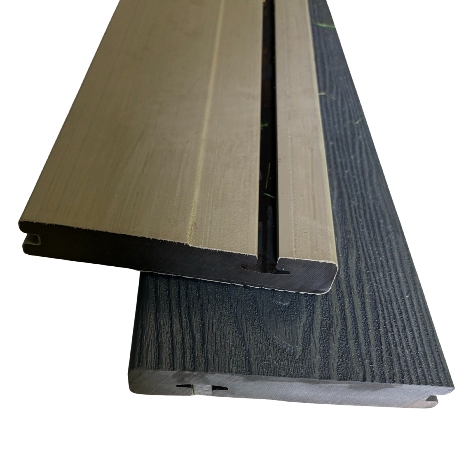 Antique and anthracite colored composite decking bullnose boards, reverse side.