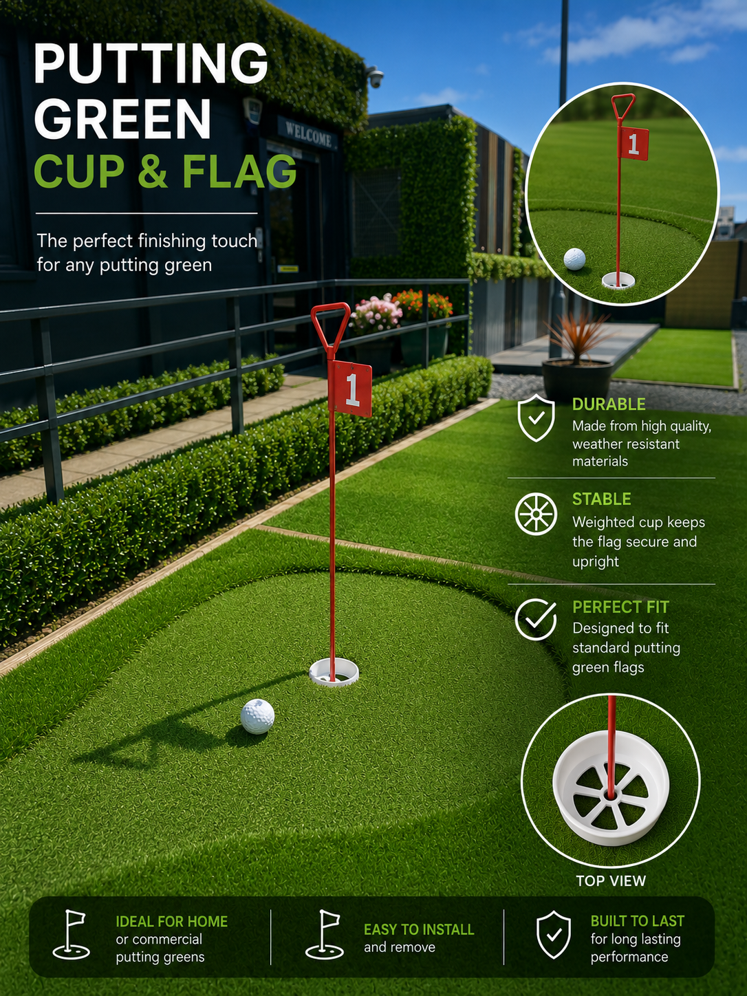 Putting cup and flag for artificial grass putting green