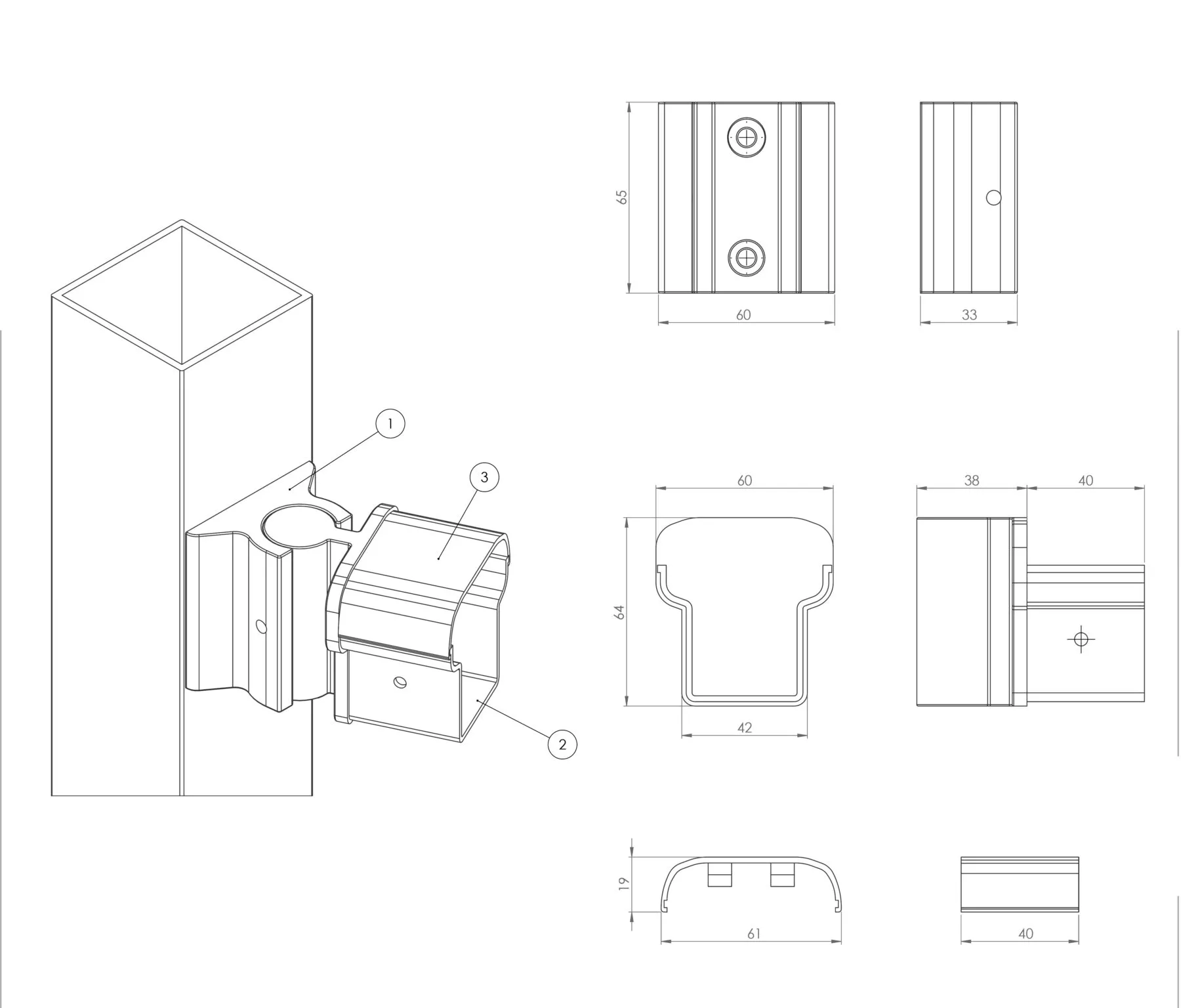 Black aluminium swivel bracket diagram on a white background