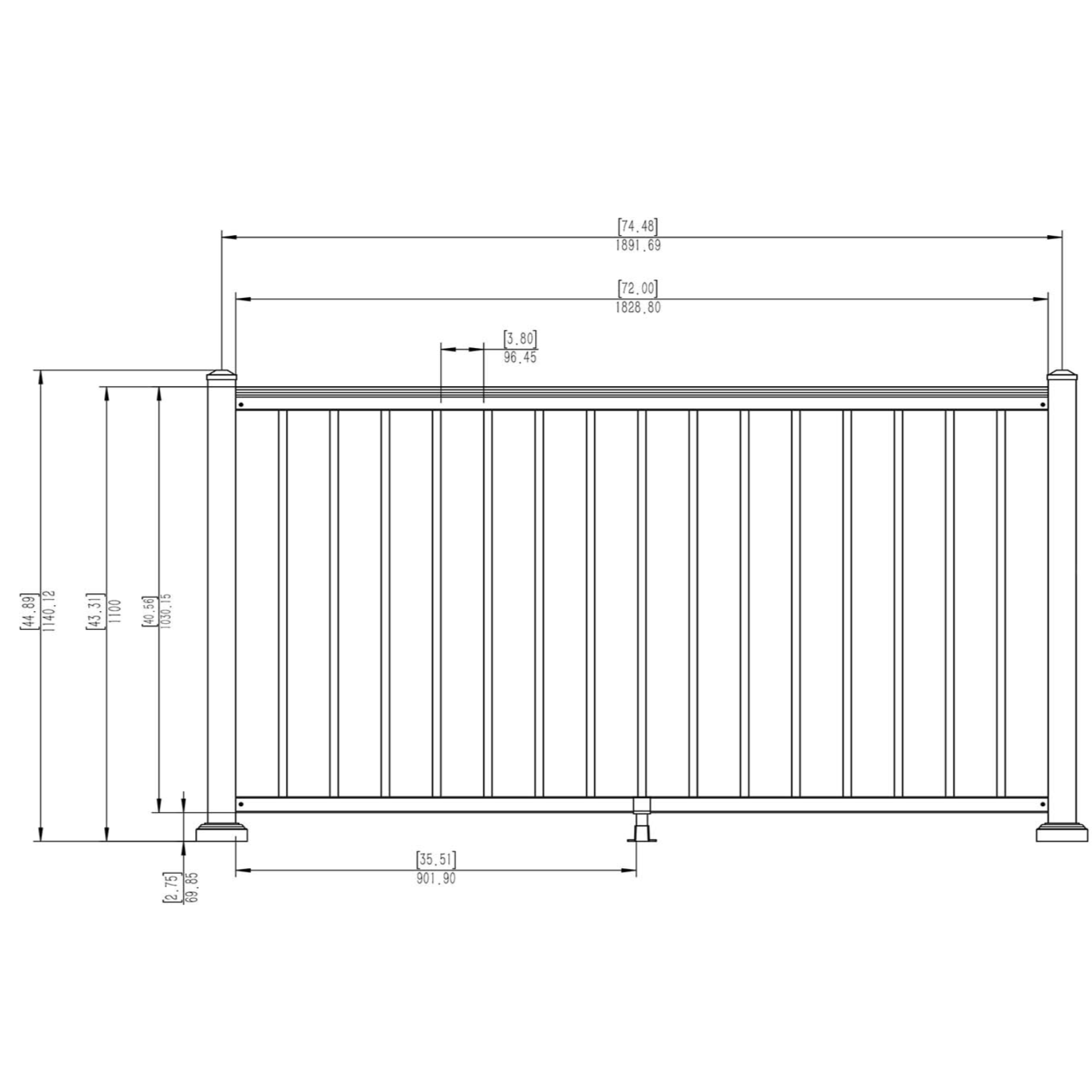 A line diagram of the aluminium balustrade centre section.