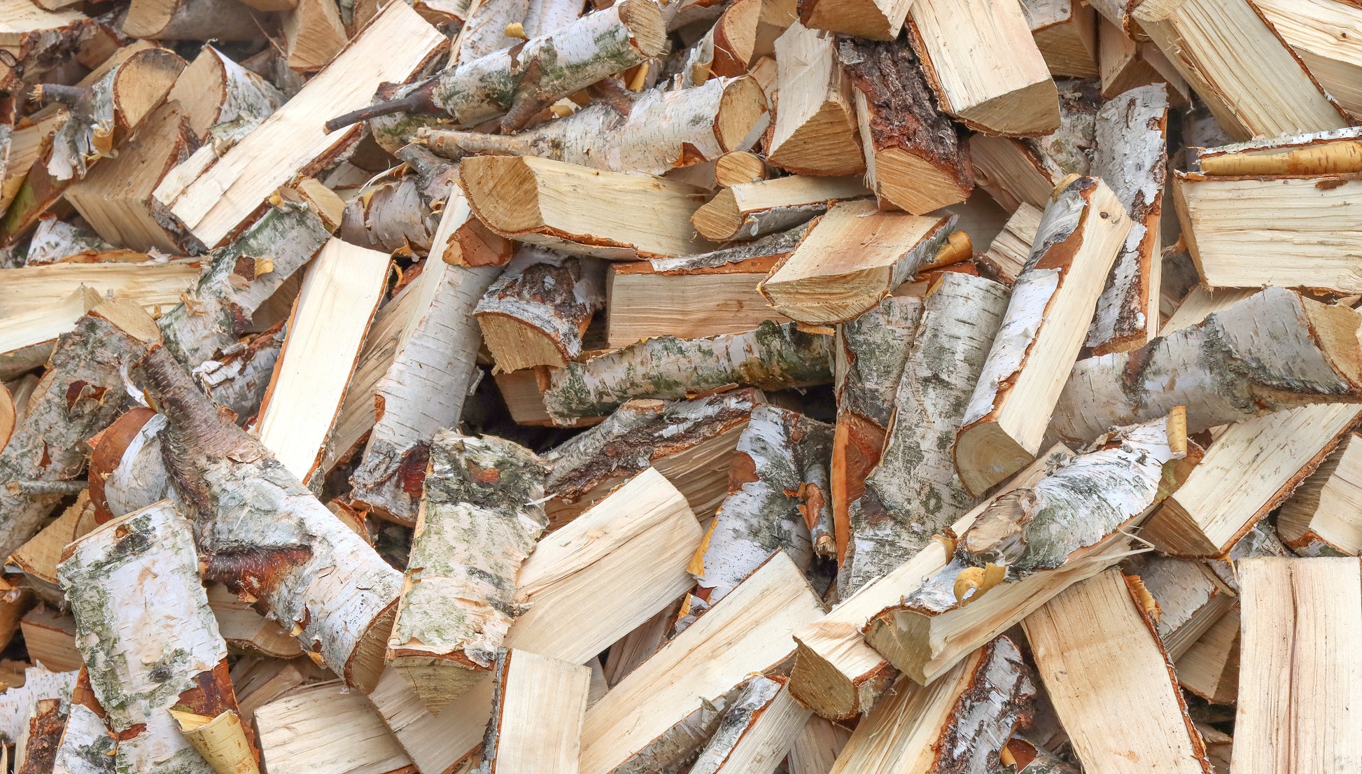 A large pile of Birch firewood logs.