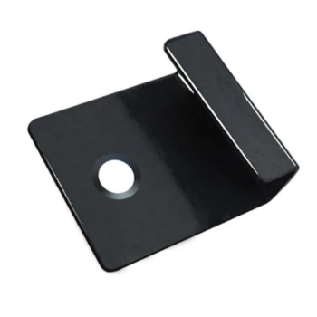 Black metal composite decking clip on a white background