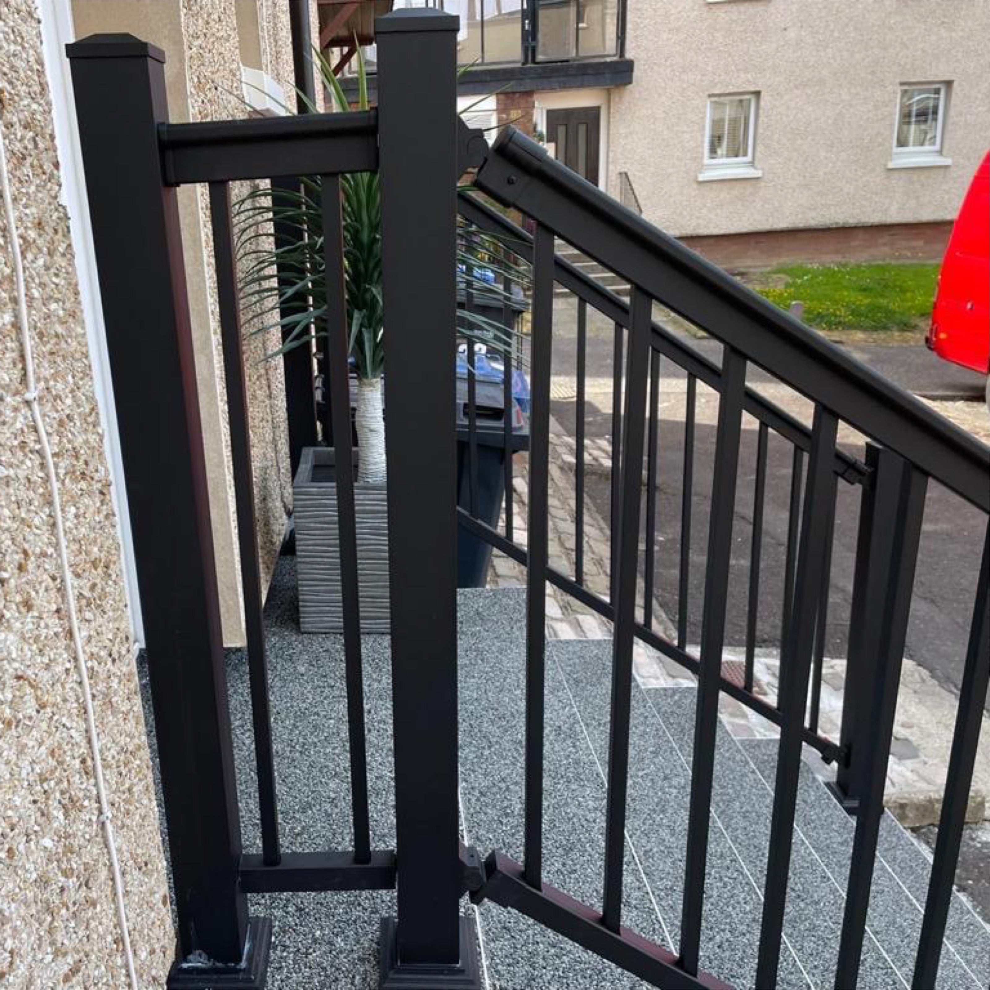 An installed Black aluminium Handrail kit 