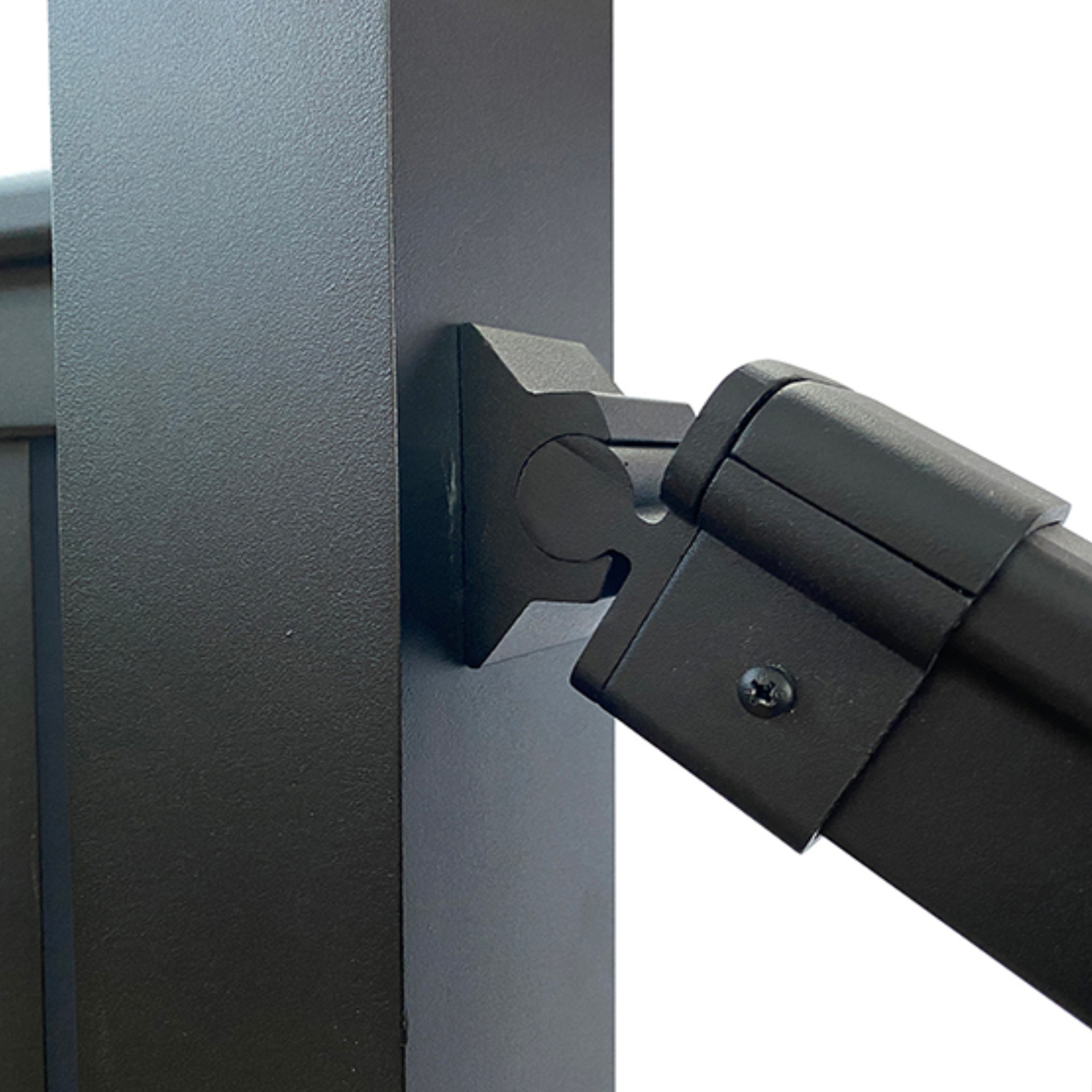 A close p of black aluminium stair hinged bracket on a white background.