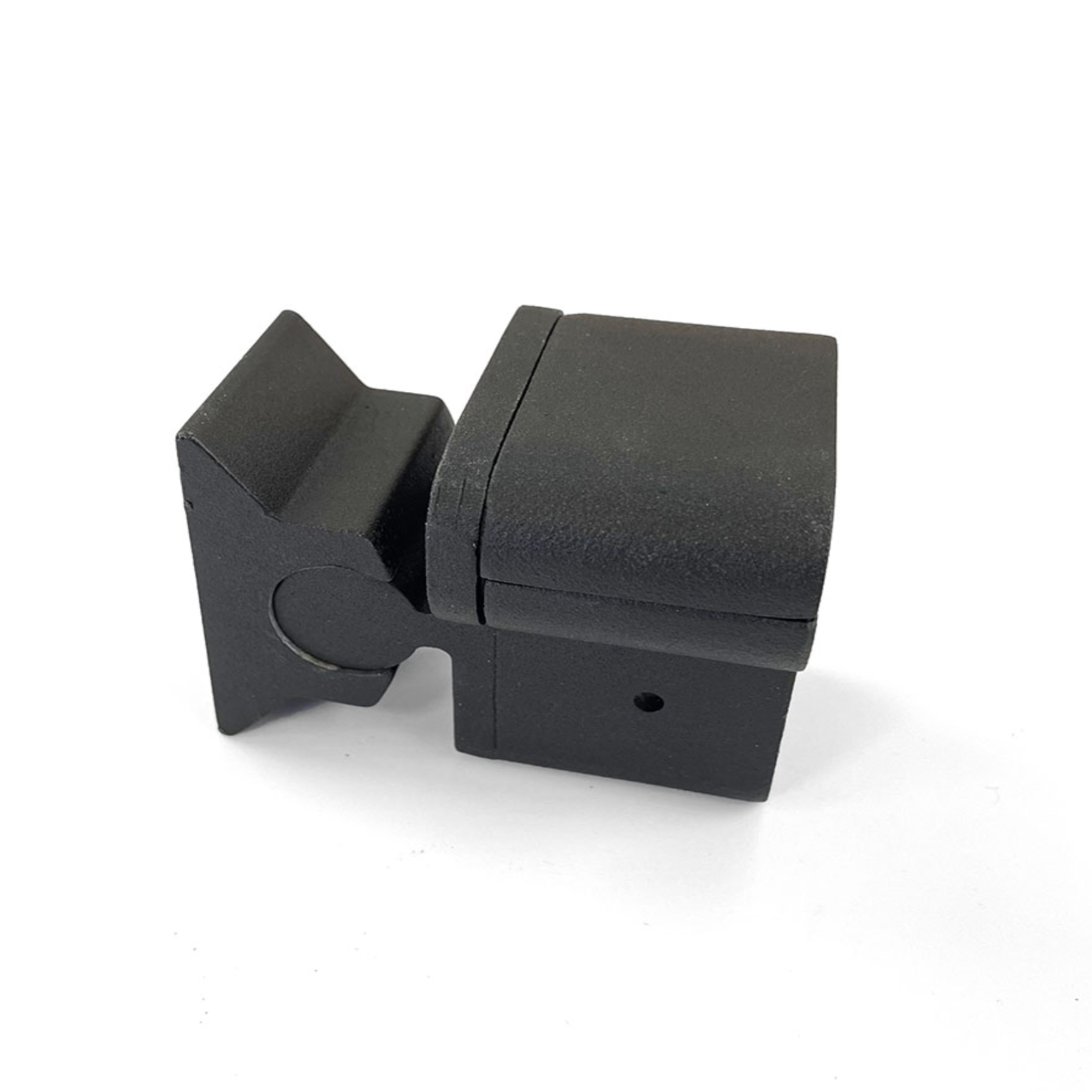 Black aluminium balustrade stair bracket on a white back ground.