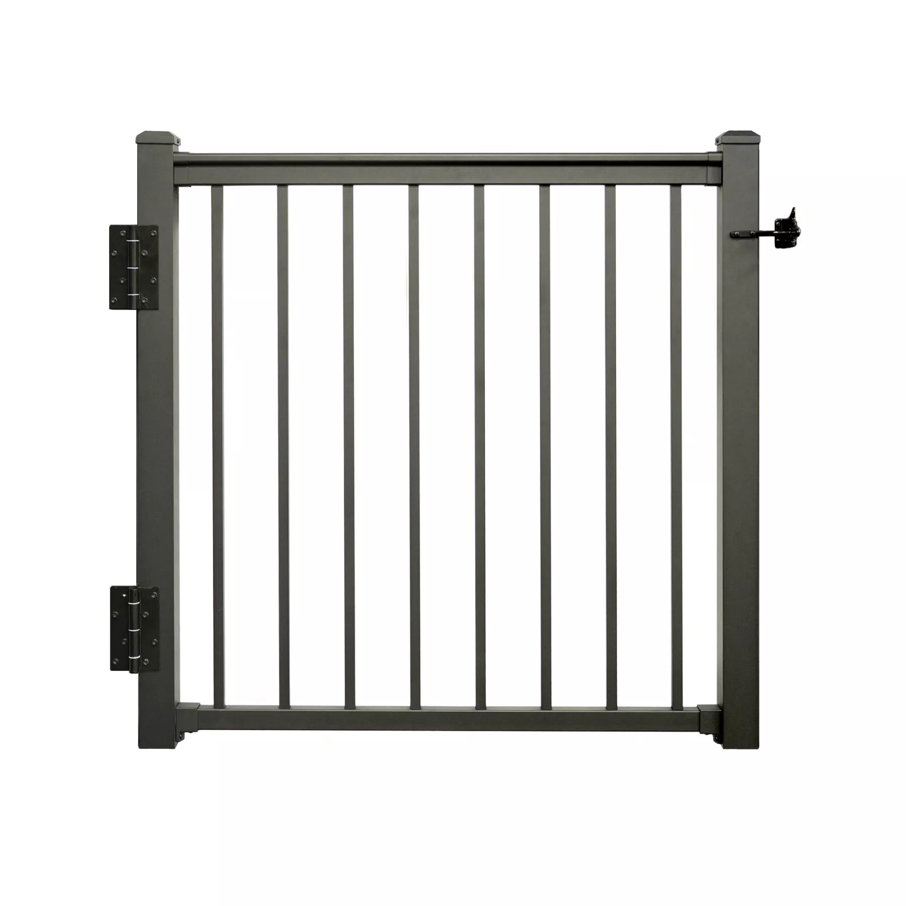 A black aluminium balustrade gate with vertical bars and a horizontal crossbar at the top, featuring a latch on the right side.