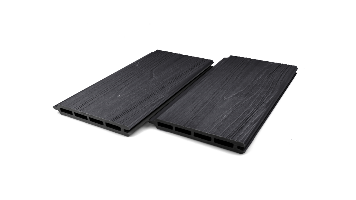 A composite fence panel in black, featuring a wood-like grain texture on a white background.