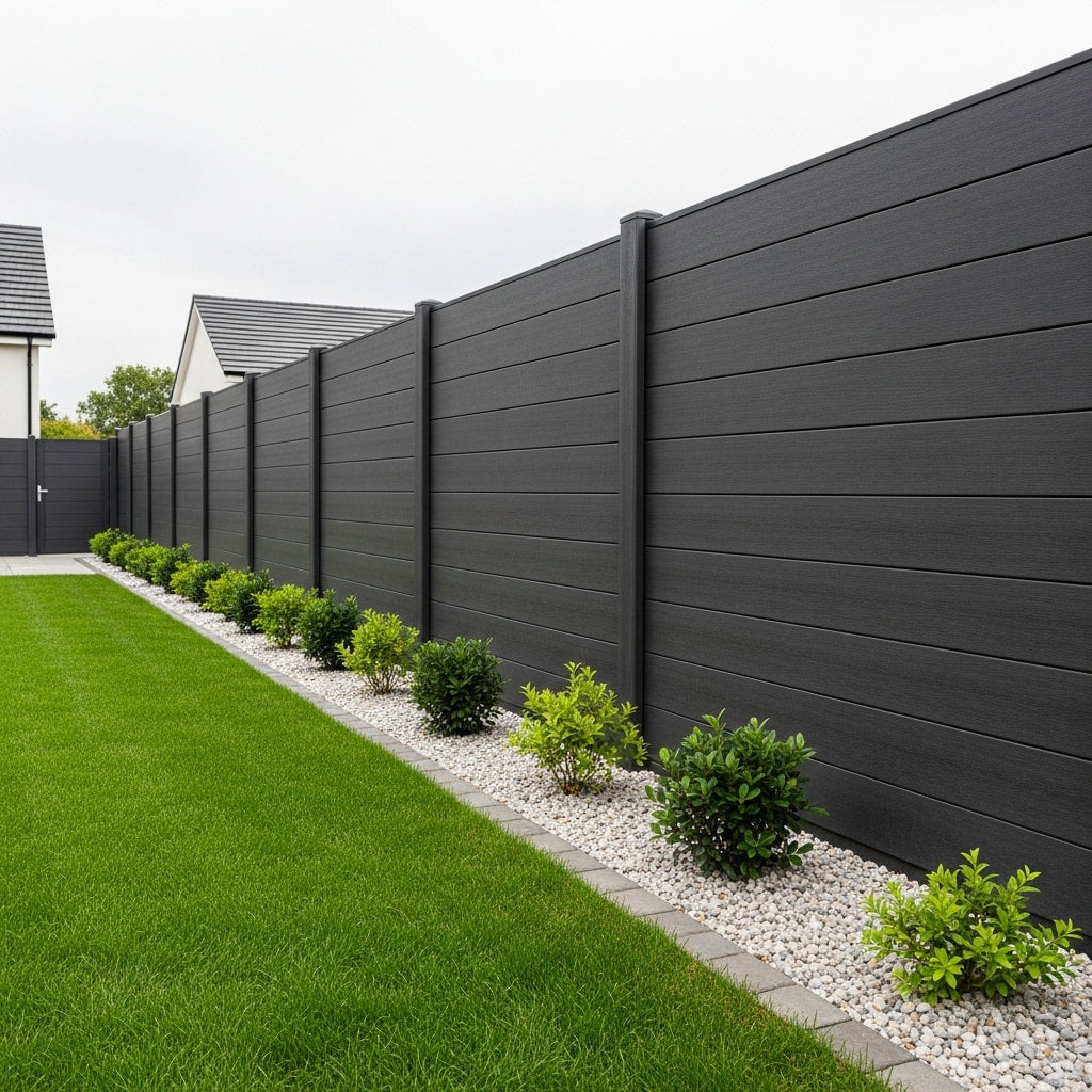 A black composite fence in a modern garden.