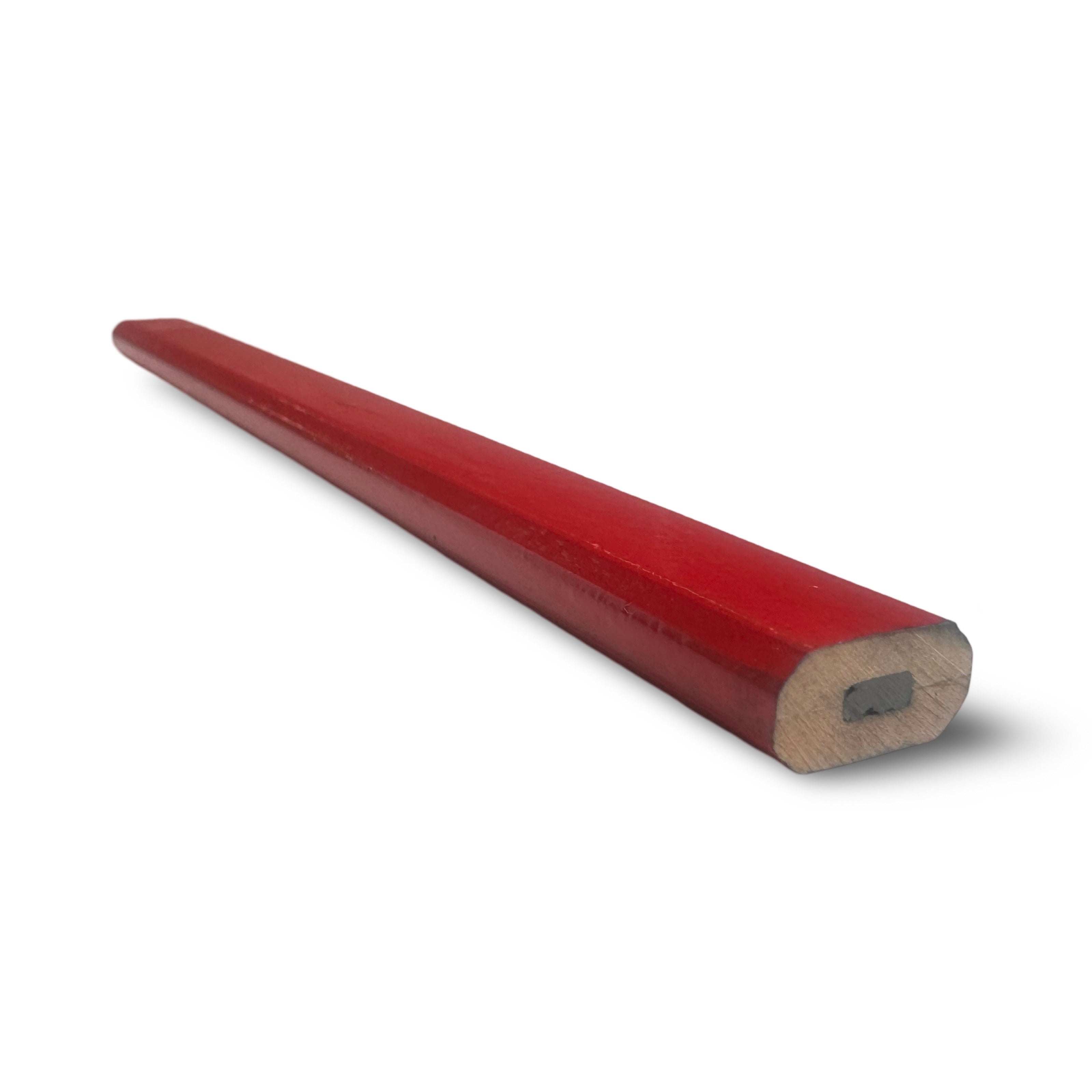 A red flat pencil with a wooden shank and a metallic tip.