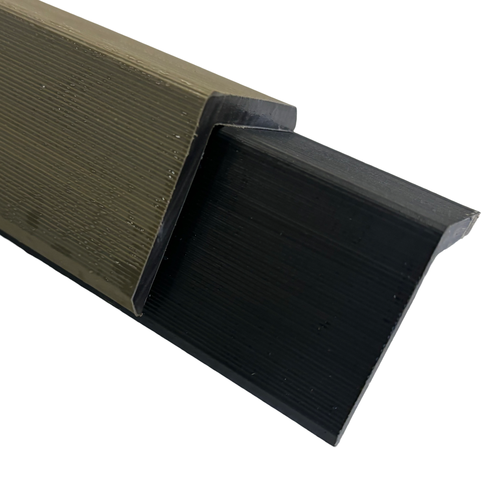 Antique and anthracite capped composite edging trim for decks, showing a cross-sectional profile.