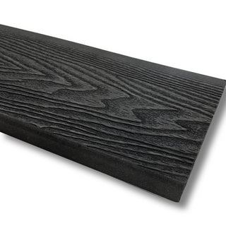 a side profile picture of a charcoal or black composite decking bullnose boards showing the wood grain finish.