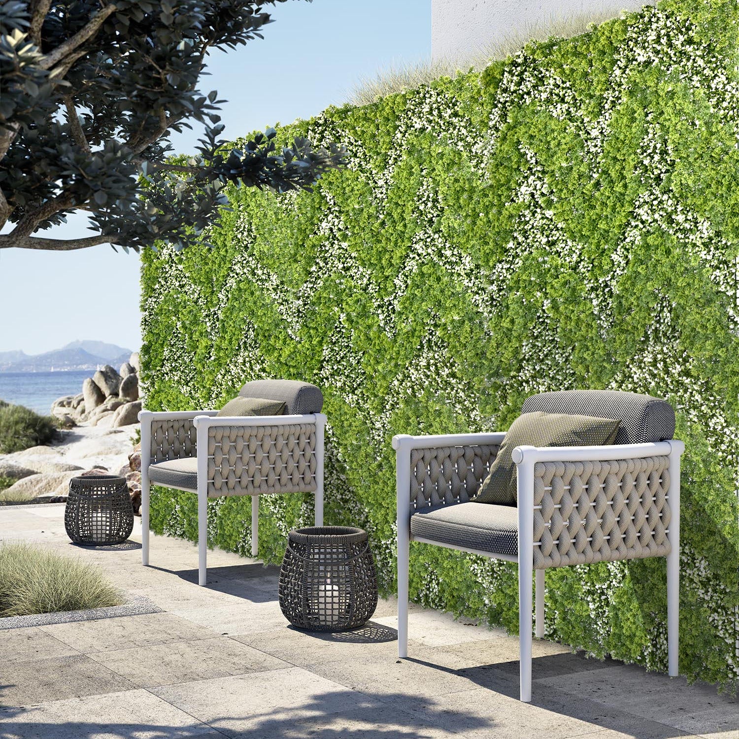 Artificial green wall panels Chevron style installed outdoor garden