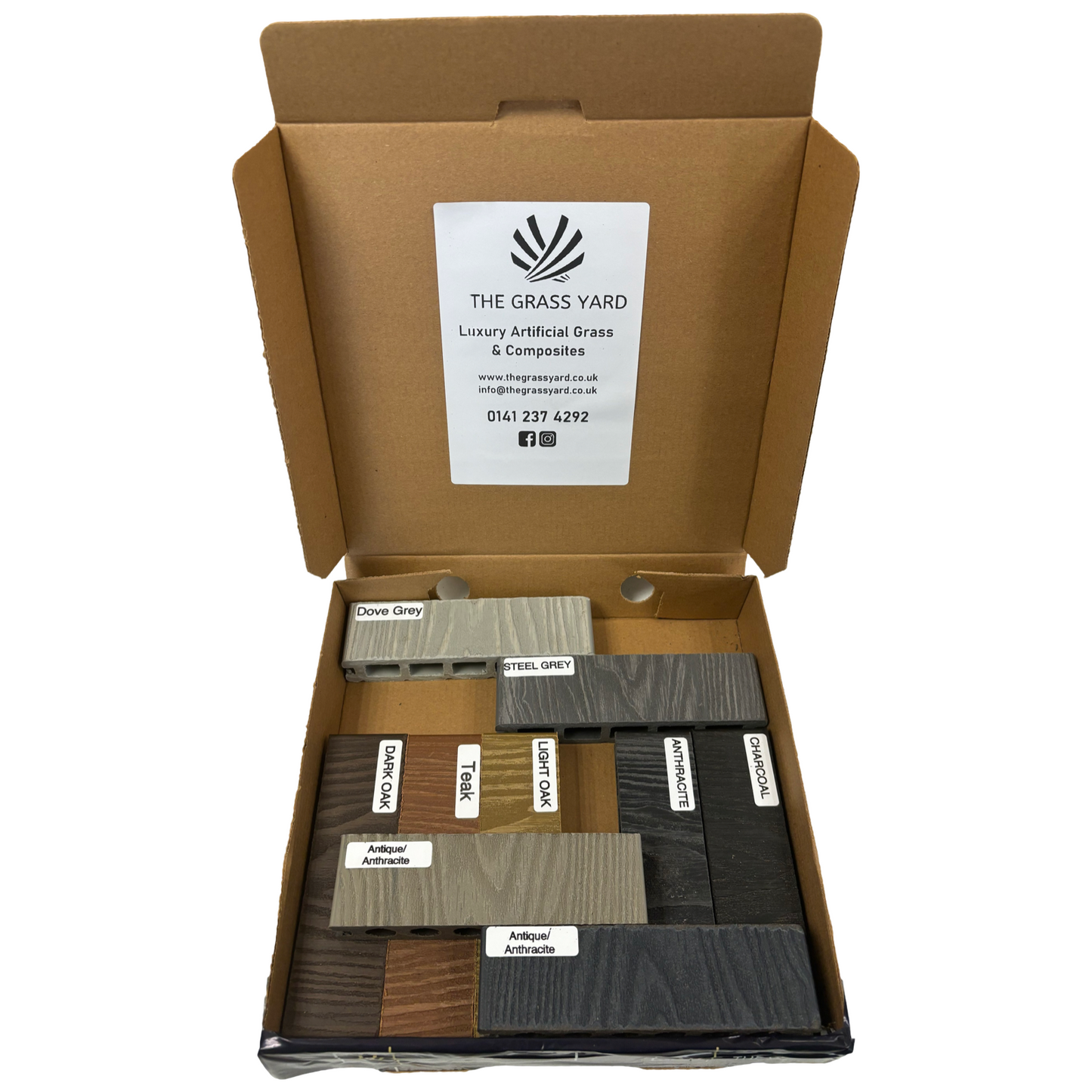 A selection of different coloured composite decking samples.