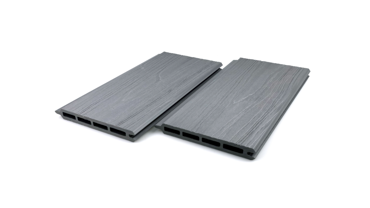 A composite fence board in grey, featuring a wood-like grain texture.