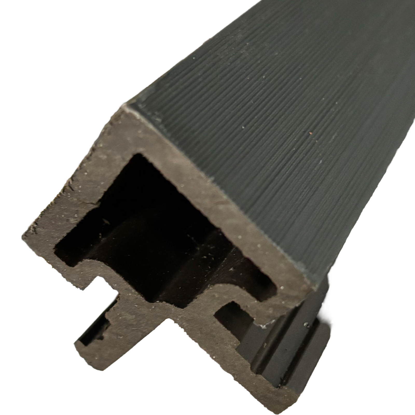 A seamless corner joint in grey for slatted composite cladding. 