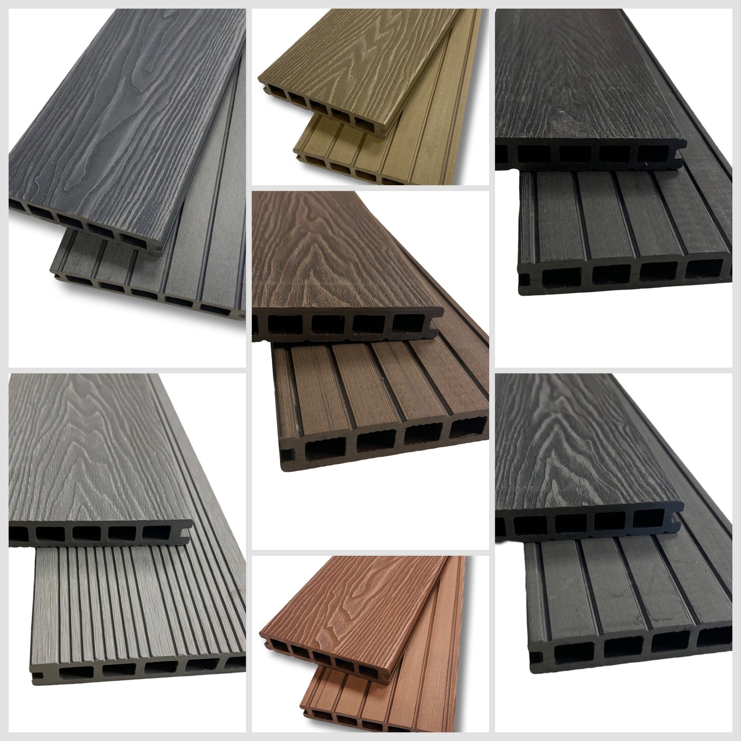 A compilation picture of various different colors of composite decking, charcoal, anthracite, light Oak, Dark Oak, Steel Grey and Teak.